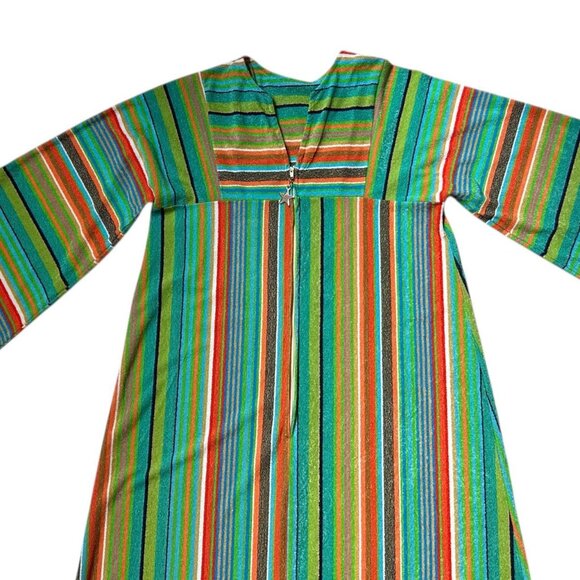 70s vintage stripe towel bell sleeve caftan dress terry cloth multicolour loose. - Picture 2 of 6